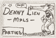 Plergbcon badge: a dragon saying 'plergb!', a star and moon.  It says 'Denny Lien - Mpls - Parties
