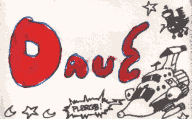 Plergbcon badge: a spaceship saying 'plergb!', some stars and moons and another spaceship/zeppelin/bug/bird thing.  In marker, 'Dave'.